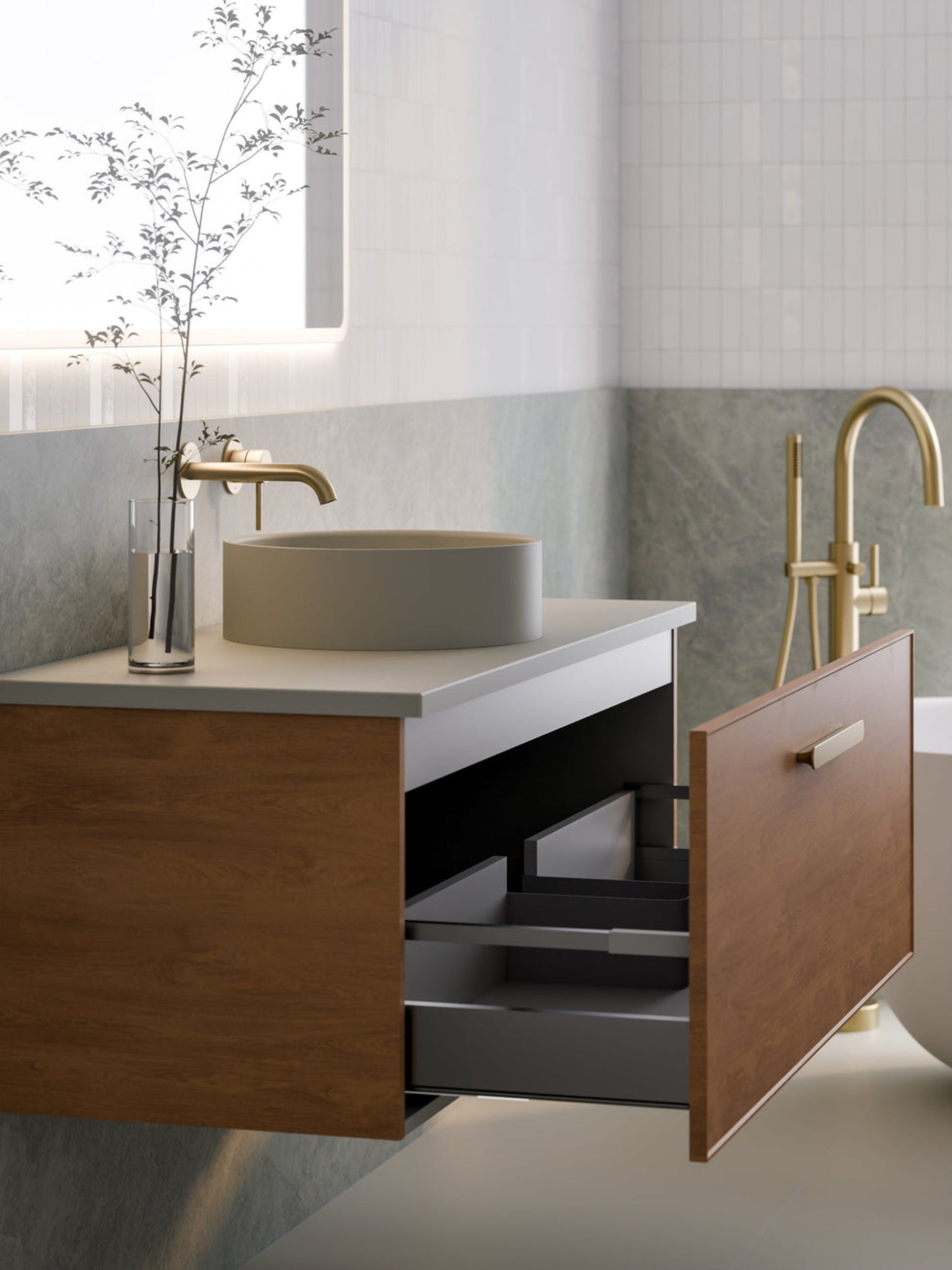 LINEARE 1200 AXEL SINGLE DRAWER BATHROOM VANITY - SOLID SLAB TOP DEVON OAK