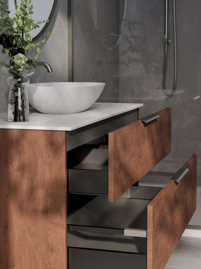 LINEARE 1200 PILLAR DOUBLE DRAWER BATHROOM VANITY - SOLID SLAB TOP WALNUT