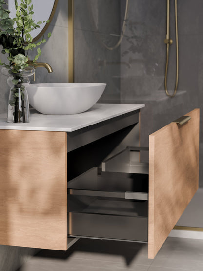 LINEARE 1200 PILLAR SINGLE DRAWER BATHROOM VANITY - SOLID SLAB TOP DEVON OAK