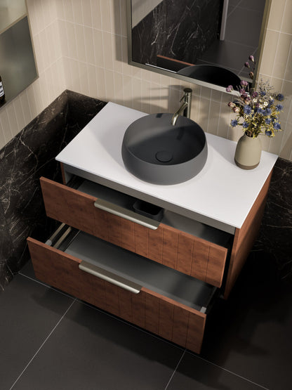 LINEARE 900 COASTAL DOUBLE DRAWER BATHROOM VANITY - SOLID SLAB TOP WALNUT