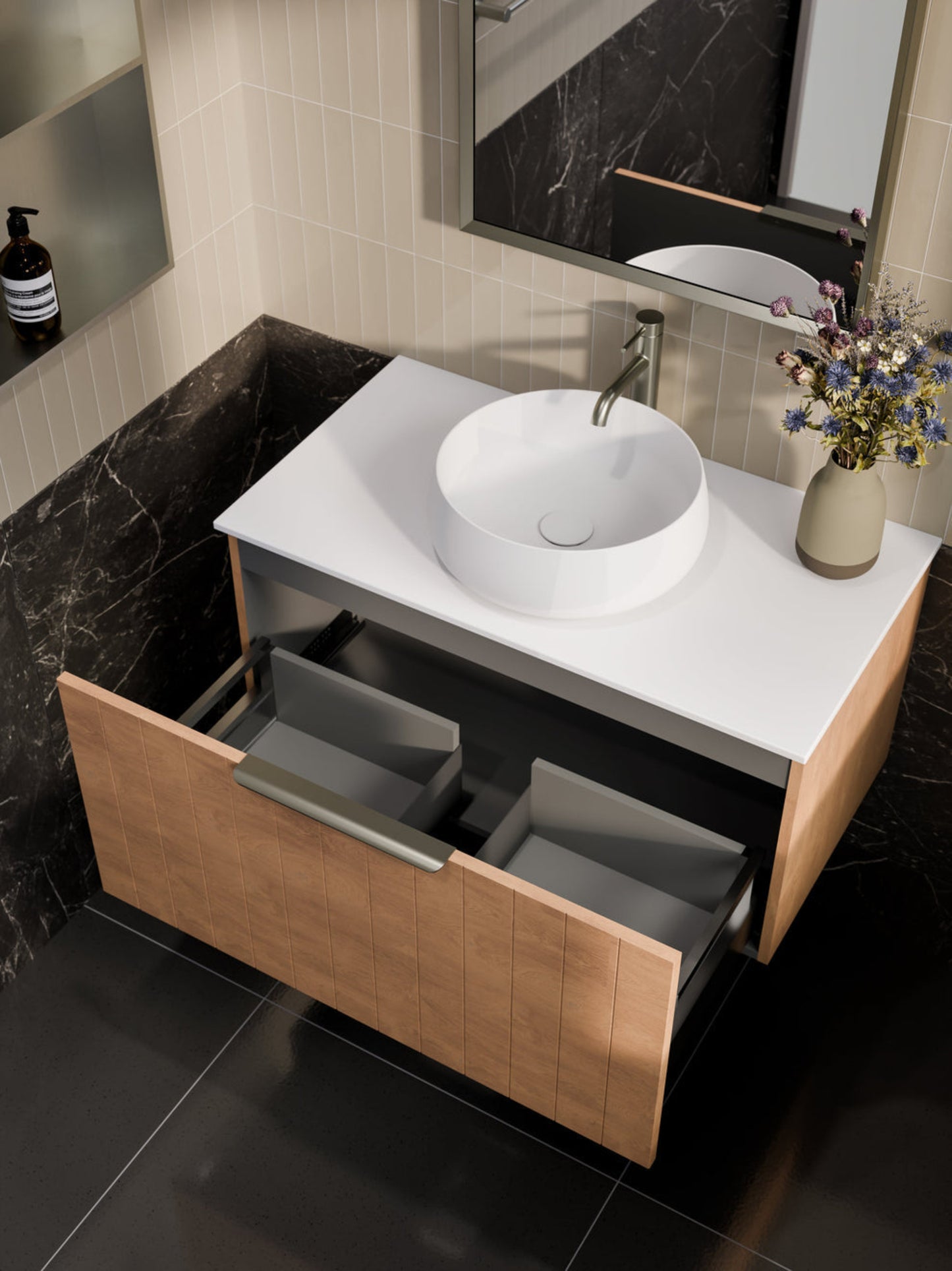 LINEARE 900 COASTAL SINGLE DRAWER BATHROOM VANITY - SOLID SLAB TOP DEVON OAK