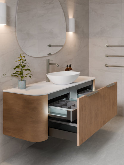 NATURE 1500 SINGLE SINK PILLAR BATHROOM VANITY - SOLID SLAB TOP DEVON OAK