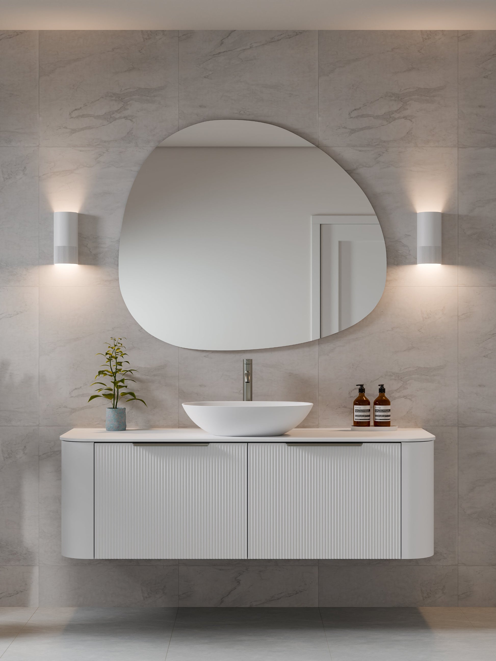 NATURE 1500 SINGLE SINK PILLAR BATHROOM VANITY - SOLID SLAB TOP MATTE WHITE