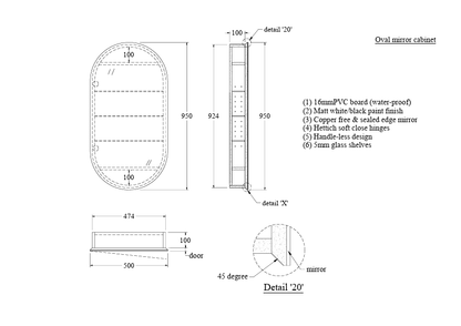 CODE NEO OVAL ROUND MIRROR CABINET 500 X 950MM - 2 COLOURS