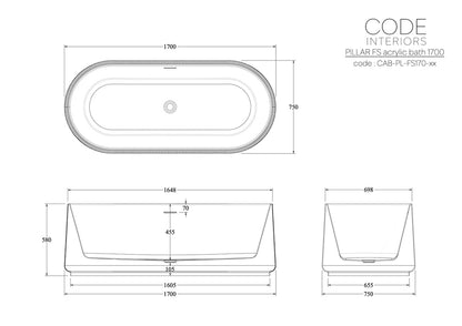 CODE ENDURA PILLAR ACRYLIC 1700 FREESTANDING BATH