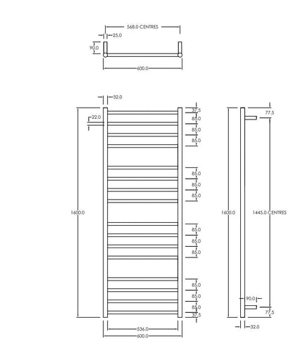 CODE ROUND HEATED TOWEL LADDER 1600X600MM - 2 COLOURS