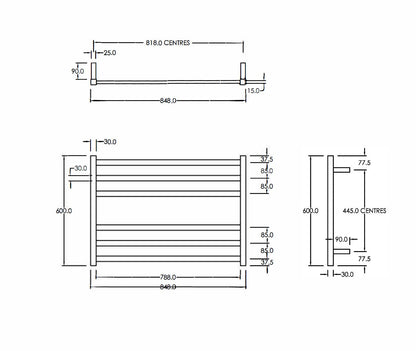 CODE SQUARE HEATED TOWEL LADDER 600X850MM - 2 COLOURS