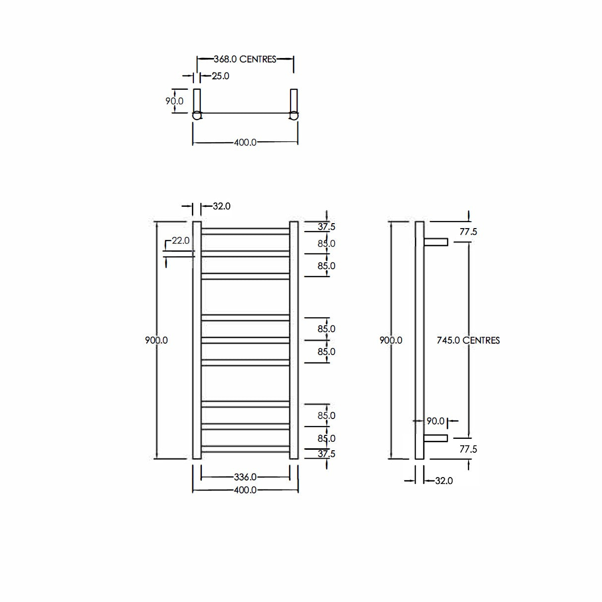 CODE ROUND HEATED TOWEL LADDER 900X400MM - 6 COLOURS WHOLESALE