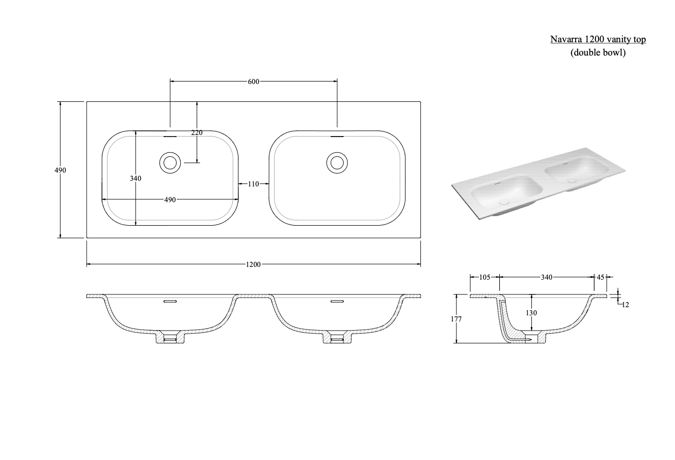 NAVARRA 1200 DOUBLE VANITY SINK TOP RANGE