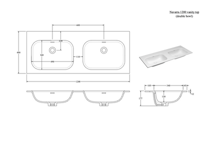 NAVARRA 1200 DOUBLE VANITY SINK TOP RANGE
