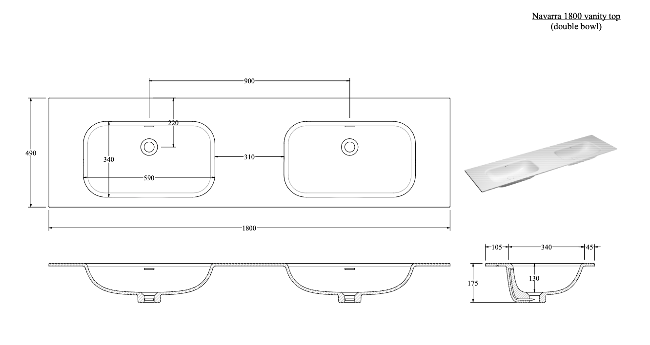 NAVARRA 1800 DOUBLE VANITY SINK TOP RANGE